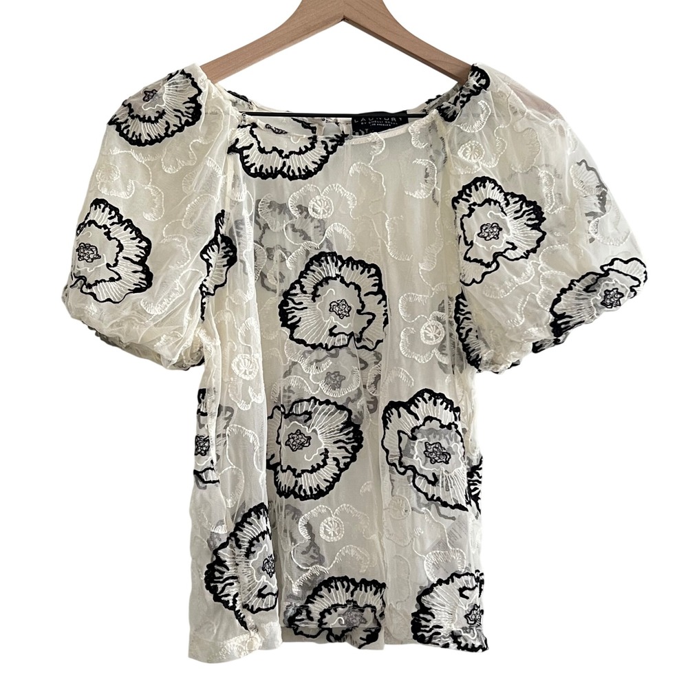 Laundry by Shelli Segal Sheer Floral Embroidered Mesh Puff Sleeve Top Medium